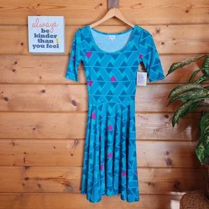 LuLaRoe 💜 NWT Nicole Fit & Flare Dress 1/2 Sleeve Geometric Pleated Stretch XXS